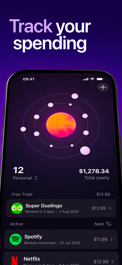 Dashboard dell'app Orbit con un gestore di abbonamenti a tema spaziale e un visual del sistema solare che rappresenta le spese mensili e i pagamenti ricorrenti.