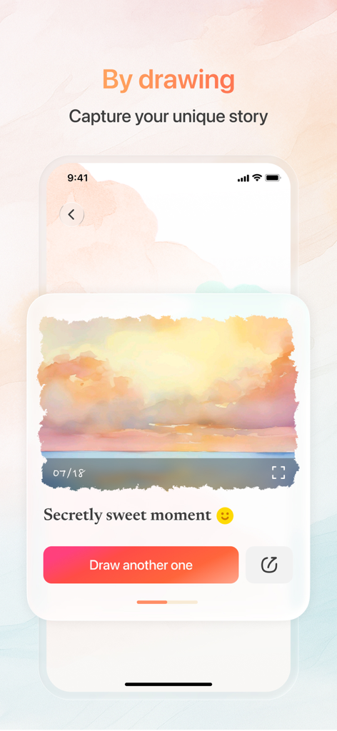 Feelora - Soul Art Trip - Interface de l'application Feelora présentant une peinture onirique d'un coucher de soleil générée par IA avec la légende "Moment secrètement doux".