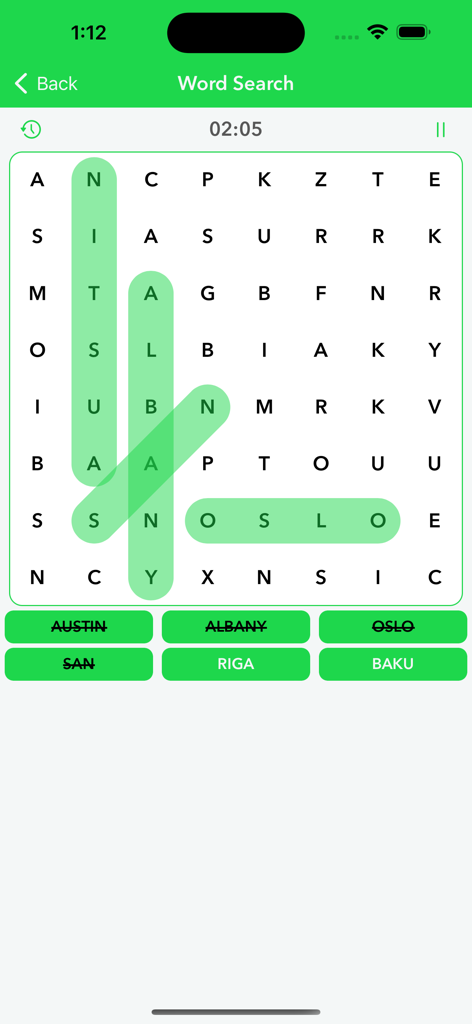 Wordscapes Word Search - Classic word search puzzle grid with found words highlighted in green