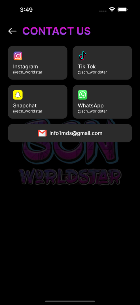 SCN WorldStar - Contact us screen of the SCN WorldStar app featuring links to Instagram, TikTok, Snapchat, WhatsApp, and email