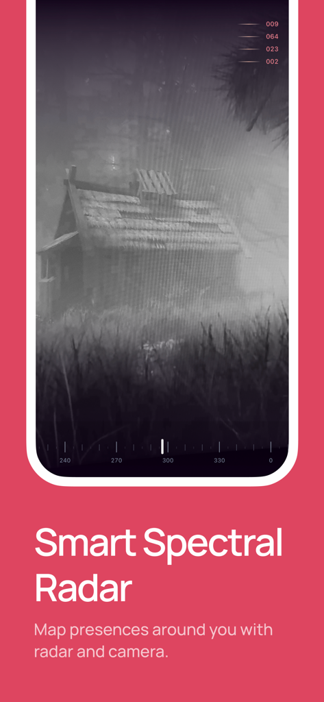 Ghost Detector - Lost Souls - Smart spectral radar interface in the Ghost Detector app showing a night vision view of a wooden hut