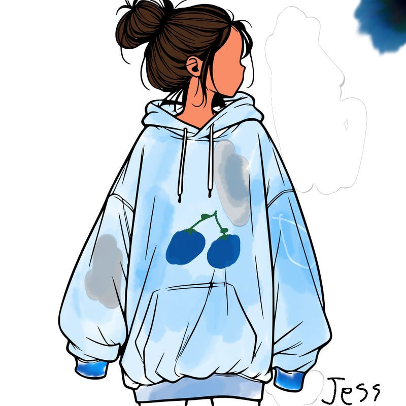 realistic girl with a oversized sweatshirt on and a bun
