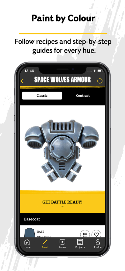 Citadel Colour: The App - A painting guide for Space Wolves armour in the Citadel Colour app showing classic and contrast methods.