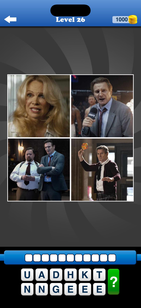 Guess the Movie: Film Pop Quiz - Pantalla del juego de adivinar películas que muestra cuatro escenas de películas y casillas de letras.