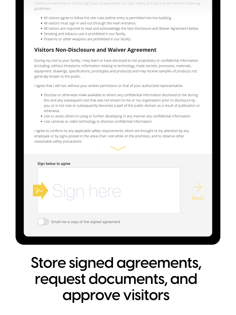 iPad screen displaying a visitor non-disclosure agreement with a digital signature field for office check-in