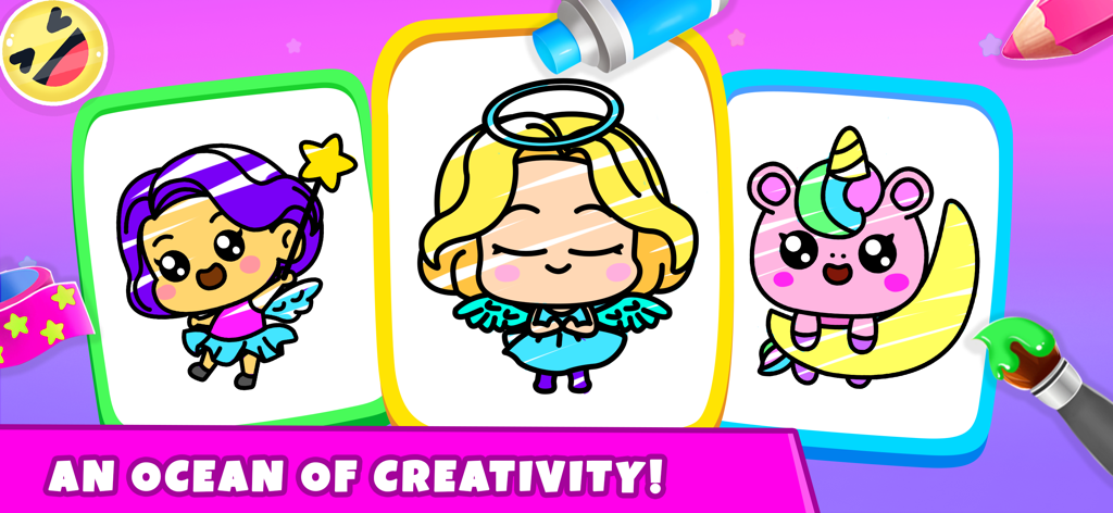 Colouring & Drawing for Girls - Interfaz para colorear y dibujar para niñas con personajes de hadas, ángeles y unicornios