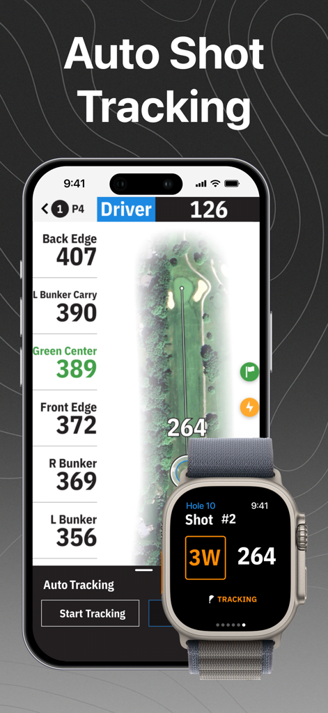 Golfshot app on iPhone and Apple Watch featuring auto shot tracking and GPS course distances
