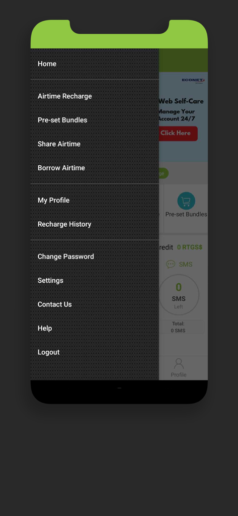 Econet YoMix - Side navigation menu of the Econet YoMix mobile app showing service options like airtime recharge and bundles