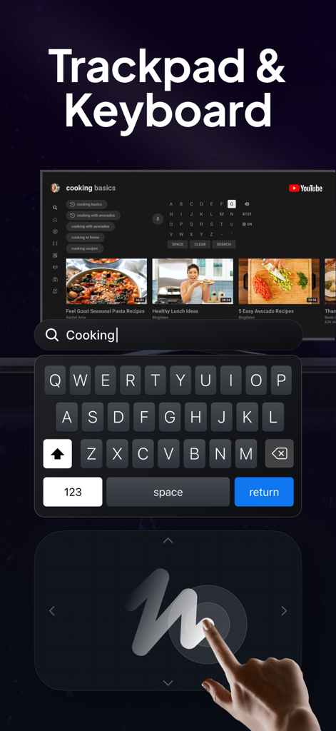 Aplicativo Universal Remote TV apresentando um trackpad e teclado de smartphone para fácil pesquisa de conteúdo.