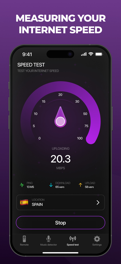 Universal Remote TV Control ㅤ - Pantalla de iPhone mostrando una función de prueba de velocidad de internet dentro de la aplicación Control Remoto Universal TV