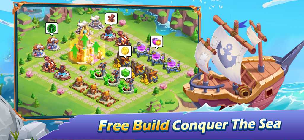 Base building interface in Taptap Heroes featuring a custom territory with resource buildings and a large sailing ship