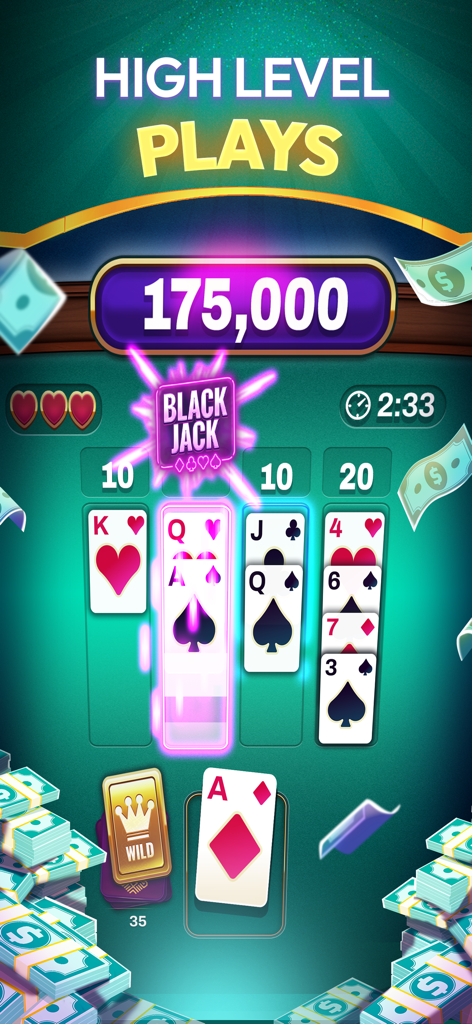 Blackout Blackjack - Real Cash - ブラックアウト・ブラックジャックのゲームプレイ、現金のスタックと175000のスコアのハイレベルなプレイが表示されている