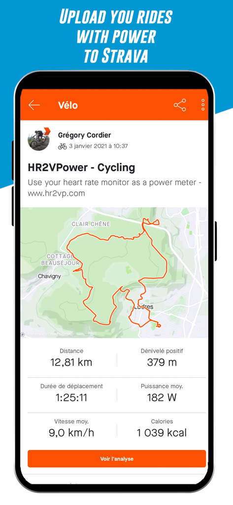 HR2VP Bike Training & Tracker - HR2VP app screen showing cycling ride metrics and GPS map for Strava upload