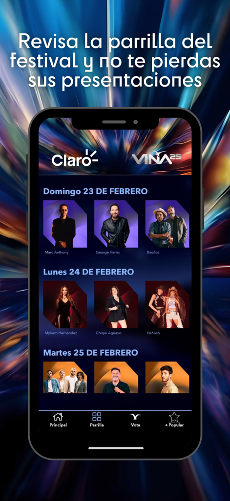 Claro Viña 2025 - Una pantalla móvil mostrando la lista de artistas del festival Viña del Mar 2025 con fechas y fotos de los intérpretes.