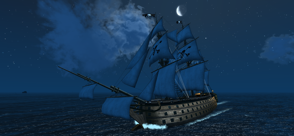 The Pirate: Caribbean Hunt - A large pirate ship with blue Jolly Roger sails navigating the sea under a starry night sky with a crescent moon