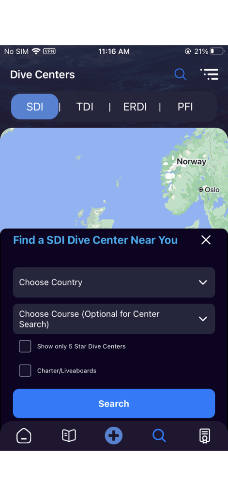 Pantalla de la aplicación móvil para encontrar centros de buceo con filtros de búsqueda y mapa