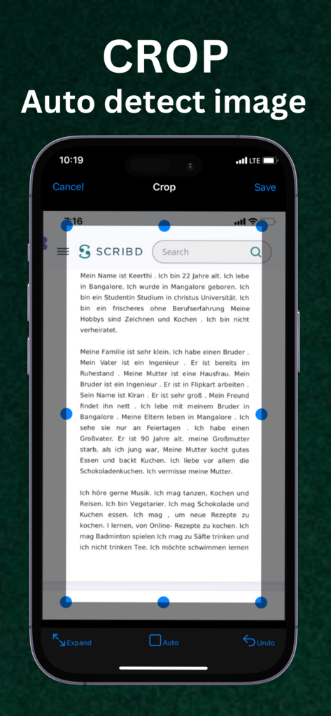 PDF Maker : Photos to PDF App - Aplicación PDF Maker mostrando la función de recorte automático de imagen en la pantalla de un iPhone