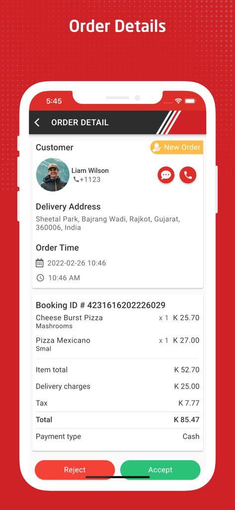 GoFood (PNG) Shop - GoFood PNG Shopアプリのインターフェース。顧客の注文詳細が表示され、受け付けまたは拒否するオプションがあります。