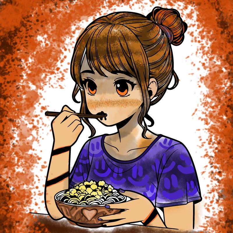 a realistic girl, eating food