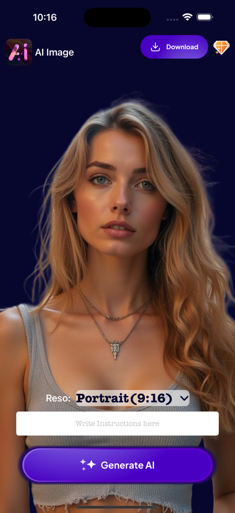 ARTI AI - Photo Art Generator - Un retrato hiperrealista generado por IA de una mujer dentro de la interfaz de la aplicación generadora de fotos ARTI AI.