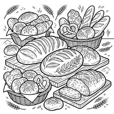 Dive into the delectable world of baked goods with this engaging coloring page featuring an assortment of breads and savory treats. Perfect for foodies and coloring enthusiasts, it offers a wonderfully appetizing creative escape.
