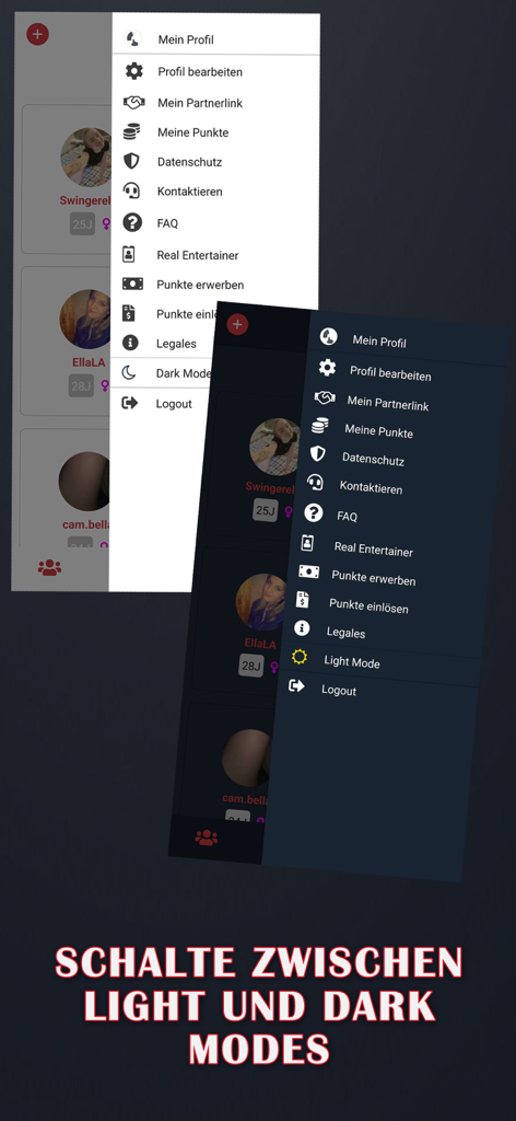 Vista lado a lado del menú de la aplicación Heimlich en modo claro y oscuro