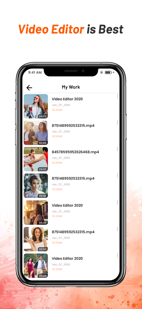 L'écran Mes Travaux dans l'application Éditeur Vidéo affichant une liste de projets vidéo enregistrés avec des miniatures et des tailles de fichiers.
