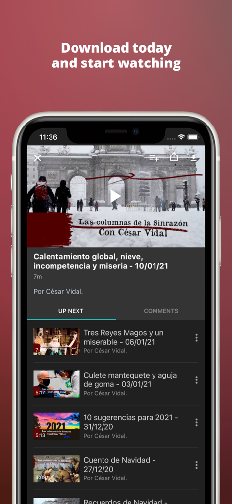Interfaccia dell'app mobile Cesar Vidal TV che mostra il lettore video e la playlist di notizie