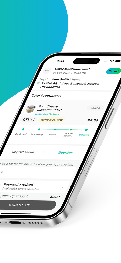 Oasis Marketplace - Oasis Marketplace order tracking screen showing a delivered item in Nassau Bahamas