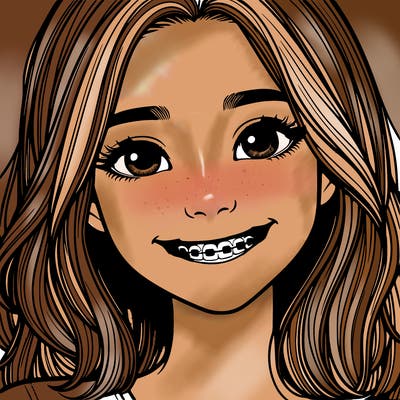 a girl with braces smiling with freckles realistic