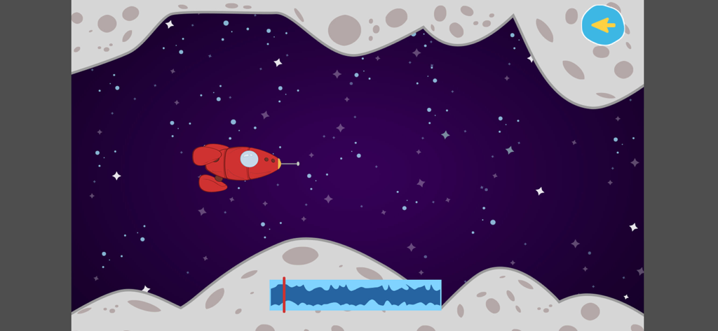 Una nave espacial roja volando a través de un entorno espacial estrellado en la aplicación educativa Cleo y Cuquin.