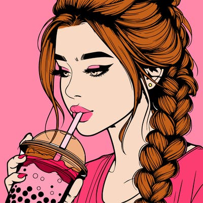 realistic girl drinking boba tea with braided hair