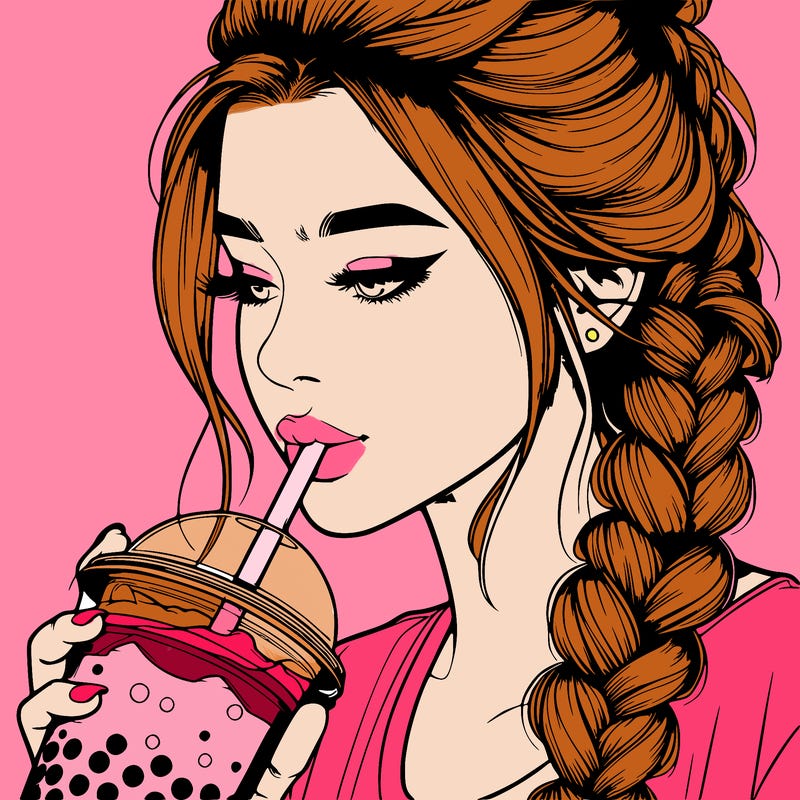 realistic girl drinking boba tea with braided hair