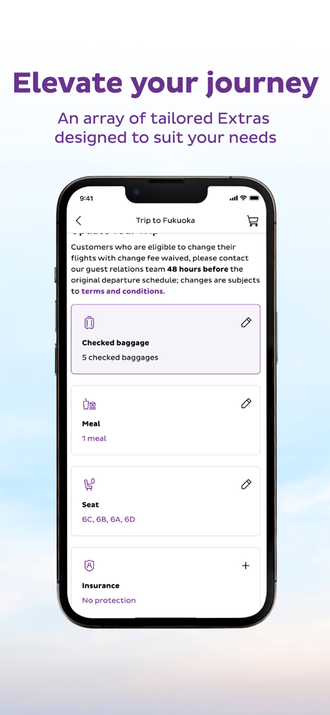 Smartphone screen showing the HK Express app interface for managing flight extras like baggage and meals