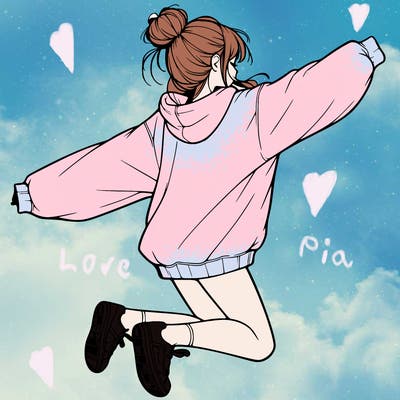 realistic girl jumping with a bun and oversized sweatshirt