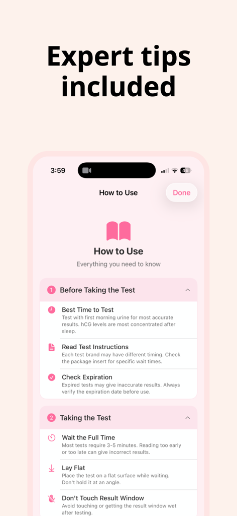 Una interfaz de teléfono inteligente que muestra la guía de cómo hacer de la aplicación Linify con consejos de expertos para antes y durante una prueba de embarazo.