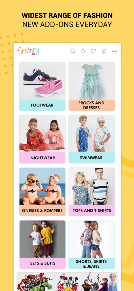 FirstCry Arabia: Baby & Kids - Interface de l'application FirstCry Arabia montrant diverses catégories de mode pour bébés et enfants, y compris des chaussures, des robes et des maillots de bain