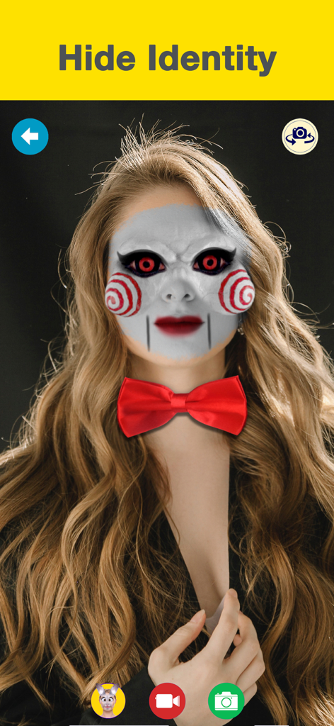 Anonymous Face Camera MaskMe - A woman using a puppet face mask filter in the MaskMe app to hide her identity.