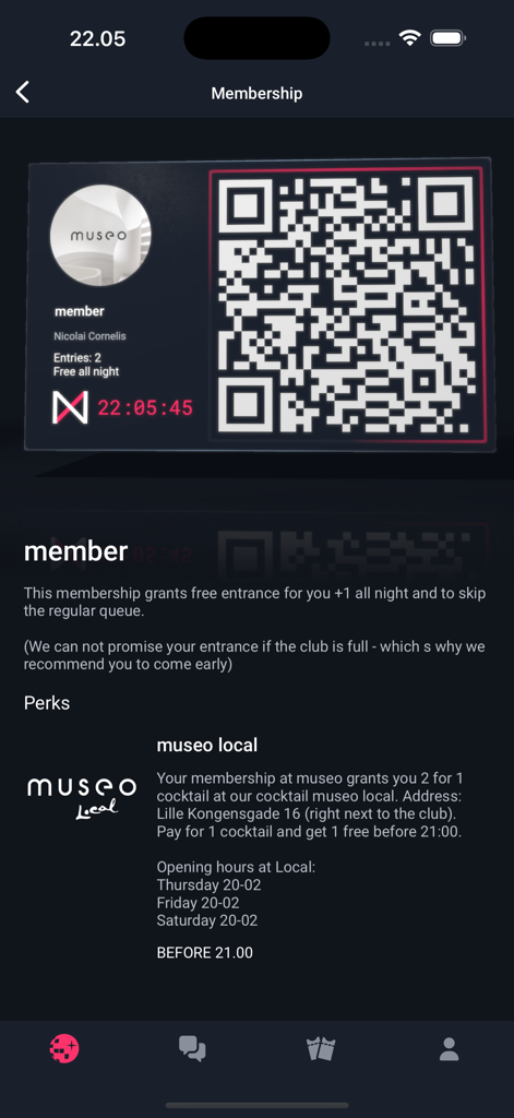 Nyx - nightlife platform - Digital membership card with QR code and club perks in the Nyx app
