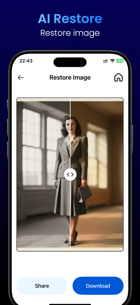 AuraAI: Photo Generator - AuraAI app interface showing a side by side comparison of a black and white vintage portrait being restored and colorized with AI