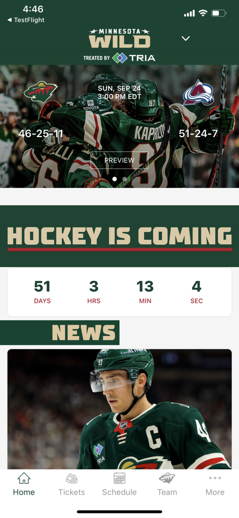 Minnesota Wild app home screen with news and game countdown