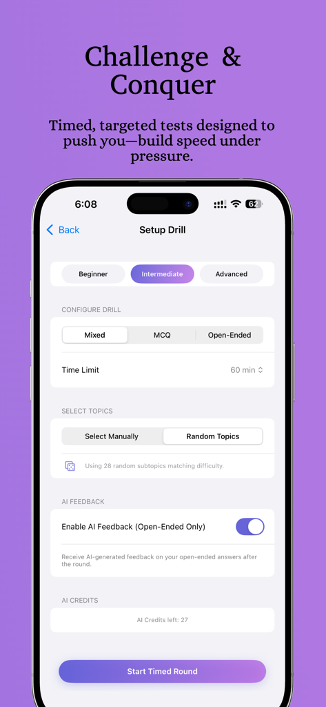 Interview Genie - 난이도 및 AI 피드백 옵션이 있는 시간제 iOS 인터뷰 드릴 설정을 위한 인터페이스