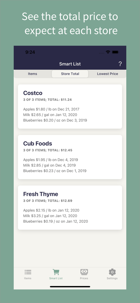 PricedLess - PricedLess 앱 스마트 목록으로 Costco 및 Cub Foods와 같은 여러 매장 간의 총 식료품 쇼핑 비용 비교