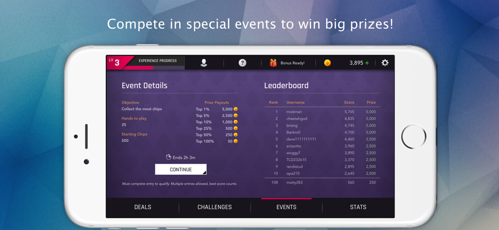 미시시피 스터드 프리미엄 게임 화면, 리더보드 및 상금 지급이 포함된 특별 이벤트 세부 정보 표시