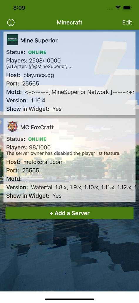 MCPE Mod Server for Minecraft - Dashboard showing a list of Minecraft servers with their online status and player counts