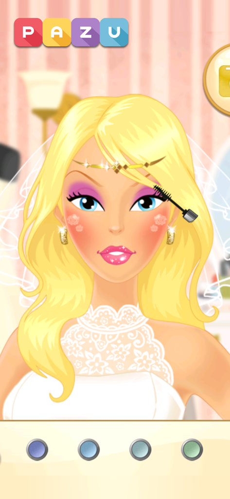 A cartoon bride with blonde hair applying mascara and makeup in the Pazu game interface