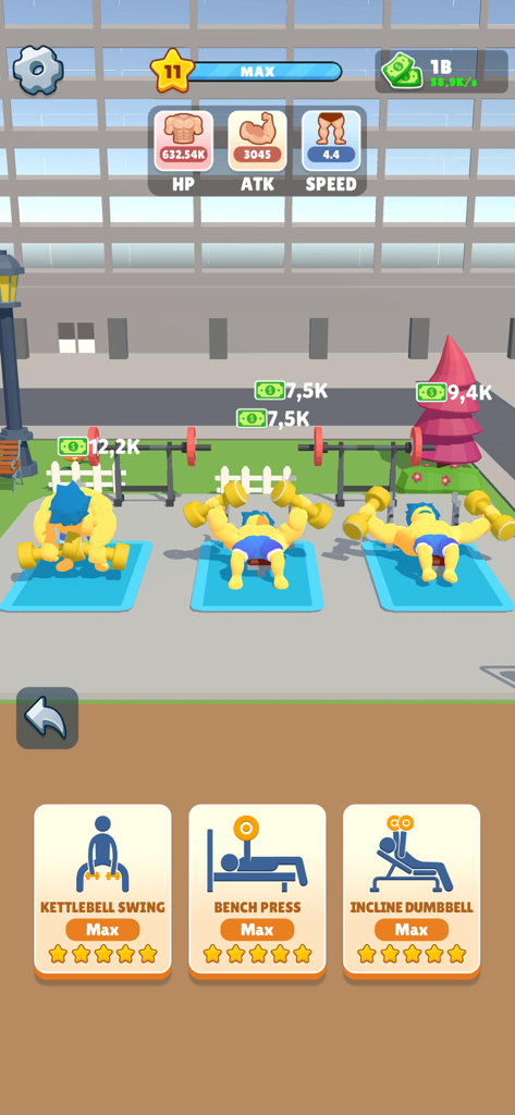 Gym Clicker: KO MMA Boxing - Three muscular character clones exercising simultaneously in an idle gym simulator