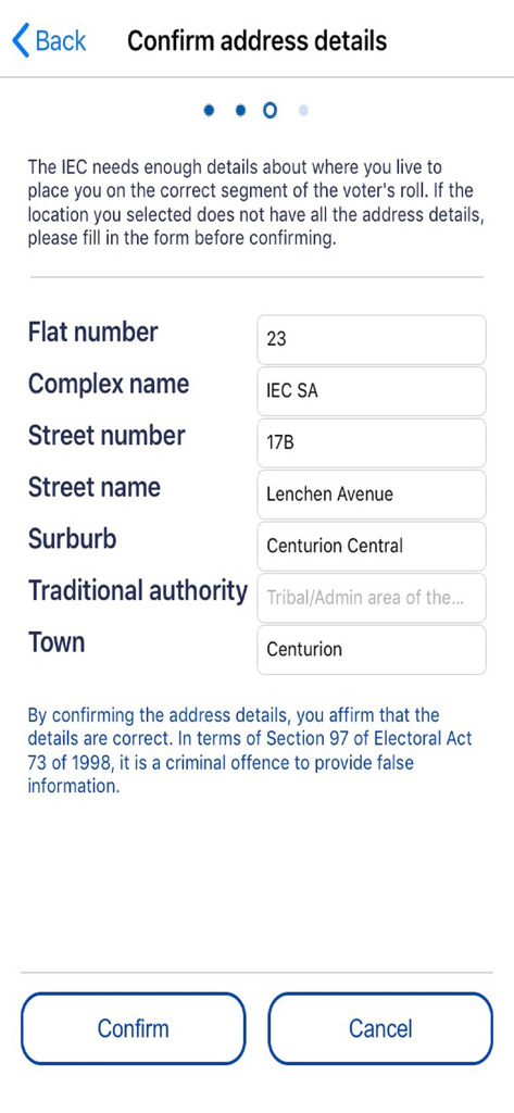 Uma tela de celular para confirmar detalhes de endereço no aplicativo de registro eleitoral IEC South Africa.