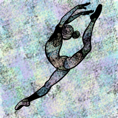 gymnast doing a leap in a leotard with a bent back leg