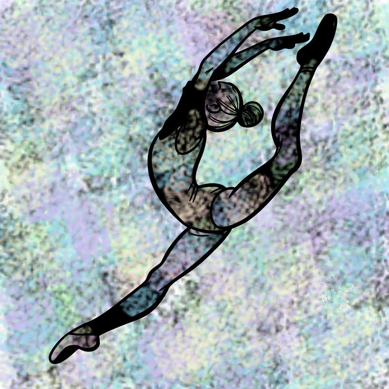 gymnast doing a leap in a leotard with a bent back leg
